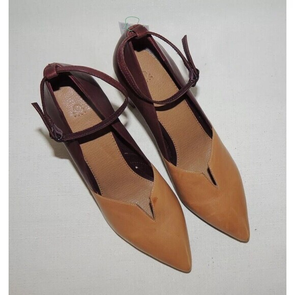 Benetton‎ Ankle Strap Leather Burgundy Tan Block Heel EU40 US9-9.5 - Picture 2 of 7
